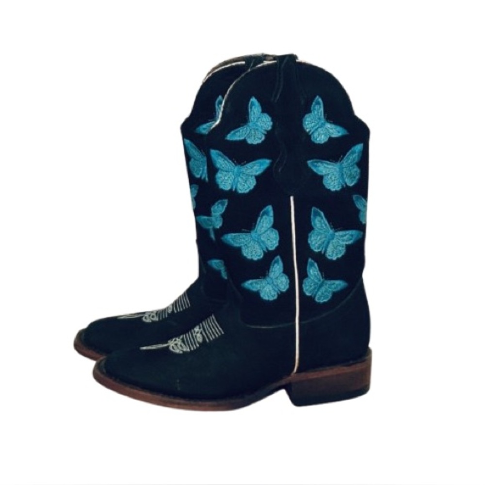 Butterfly Cowboy Suede Boots Aqua Blue Black Embroidered Sz 5 White Diamond Boot